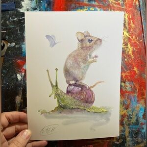 Original Mouse snail painting watercolor art nature animal home decor Artettina